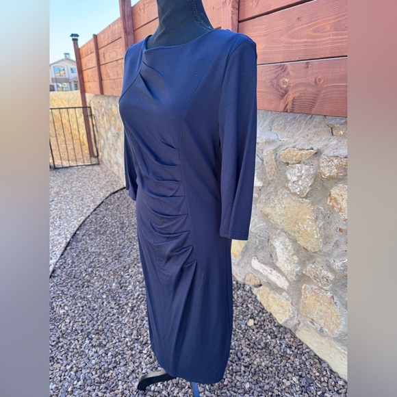 HOMEEYE Navy Blue Ruched Sheath Dress Large 3/4 Sleeve Bodycon Work EXCELLENT - Picture 13 of 13